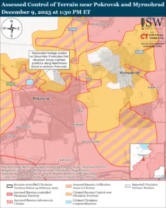 Assessed Control of Terrain near Pokrovsk and Myrnohrad, December 9, 2025 at 1:30 PM ET