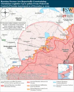 Russian Drones Constraining Ukrainian Logistics Up to 50km From Pokrovsk, December 5, 2025
