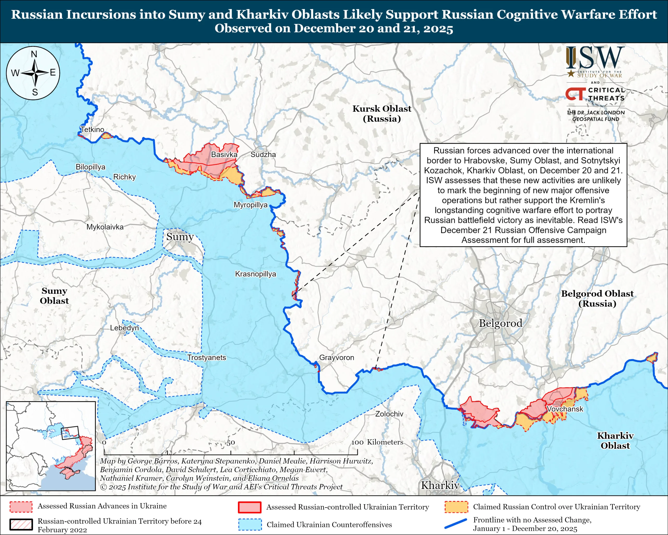 Russian Incursions into Sumy and Kharkiv Oblasts Likely Support Russian Cognitive Warfare Effort, Observed on December 20 and 21, 2025
