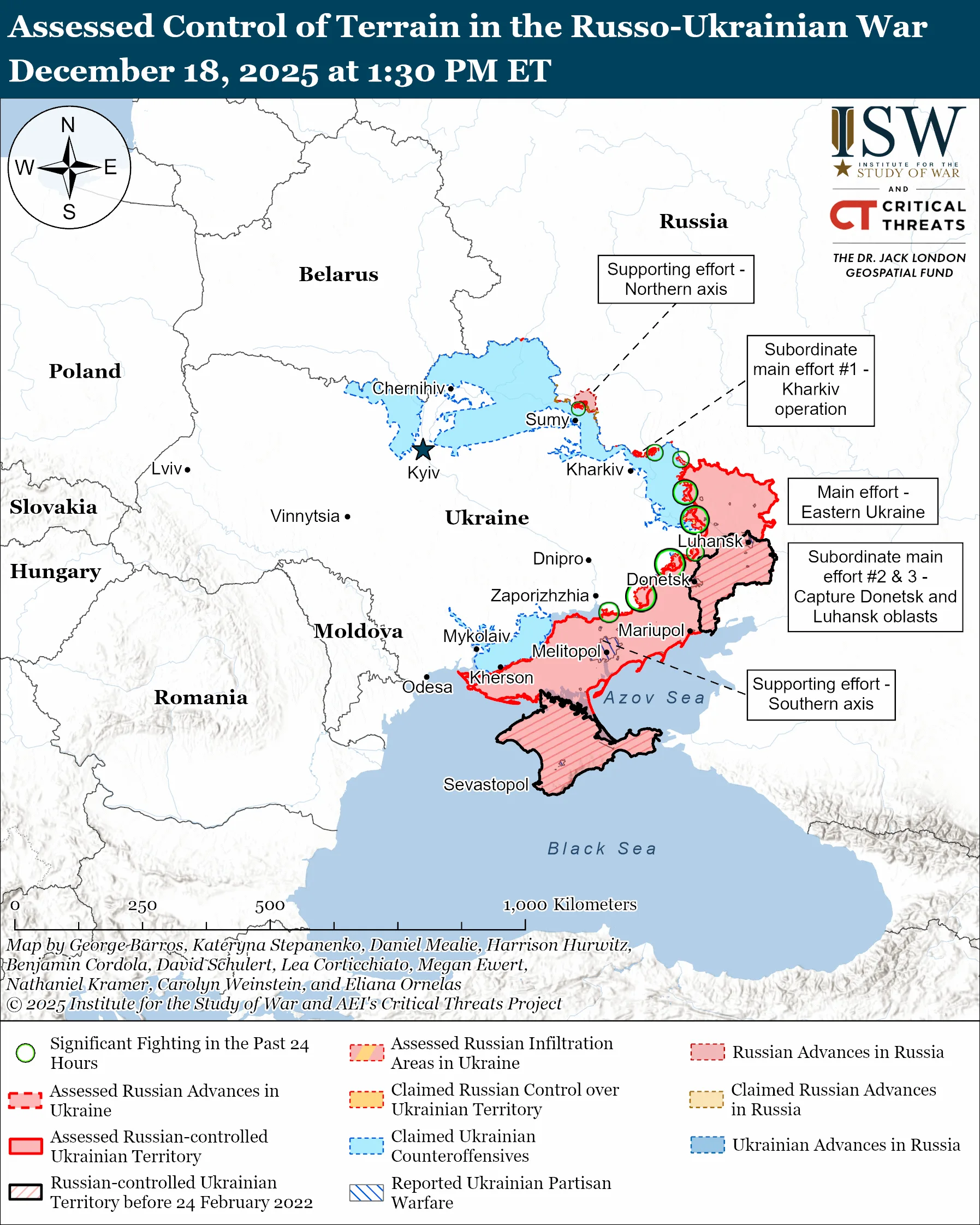 Assessed Control of Terrain in the Russo-Ukrainian War, December 18, 2025 at 1:30 PM ET