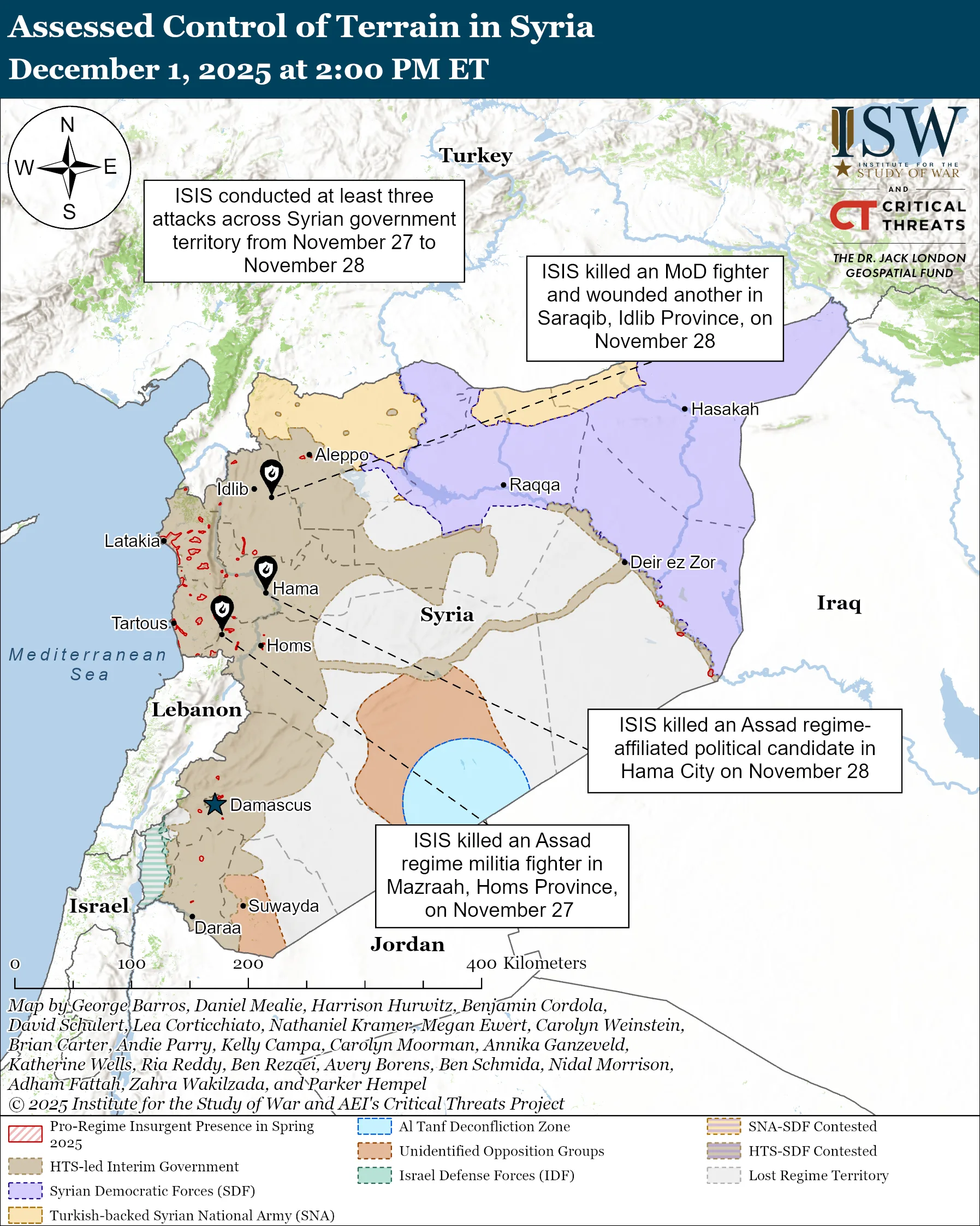 Assessed Control of Terrain in Syria, December 1, 2025 at 2:00 PM ET
