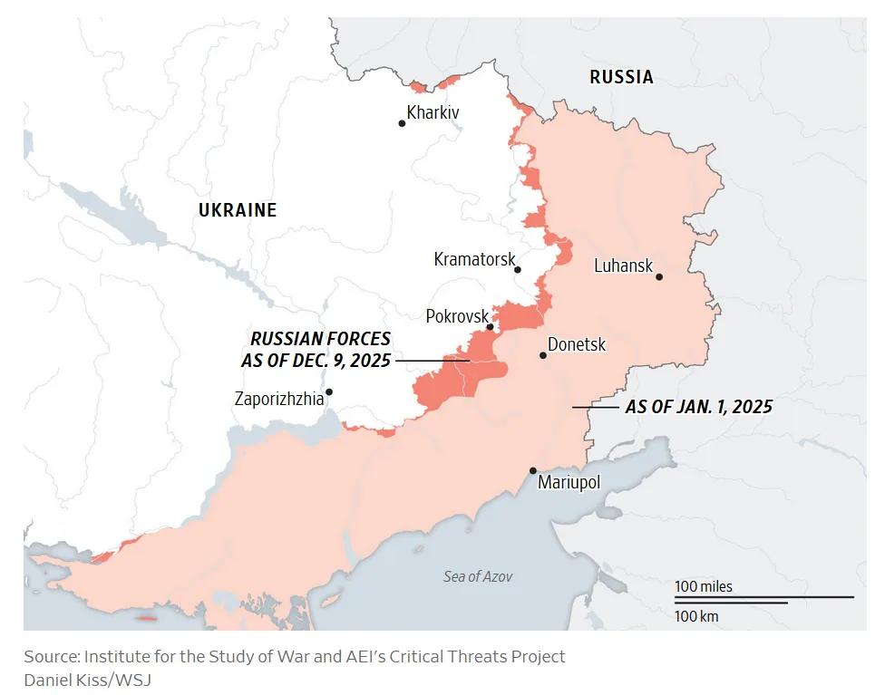 A December 11 2025 Map of Russian Control of Terrain in Eastern Ukraine.