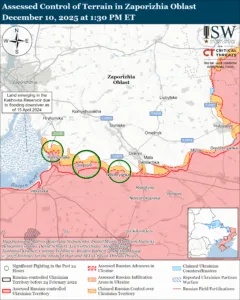 Assessed Control of Terrain in Zaporizhia Oblast, December 10, 2025 at 1:30 PM ET