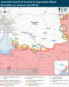 Assessed Control of Terrain in Zaporizhia Oblast, December 12, 2025 at 1:30 PM ET