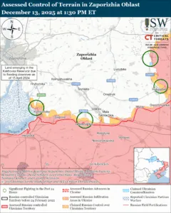 Assessed Control of Terrain in Zaporizhia Oblast, December 13, 2025 at 1:30 PM ET