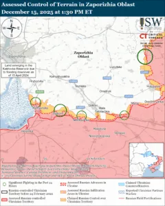 Assessed Control of Terrain in Zaporizhia Oblast, December 15, 2025 at 1:30 PM ET