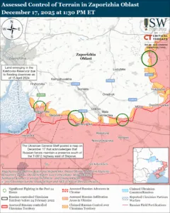 Assessed Control of Terrain in Zaporizhia Oblast, December 17, 2025 at 1:30 PM ET
