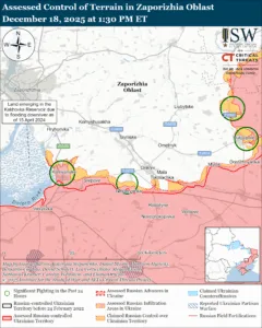 Assessed Control of Terrain in Zaporizhia Oblast, December 18, 2025 at 1:30 PM ET