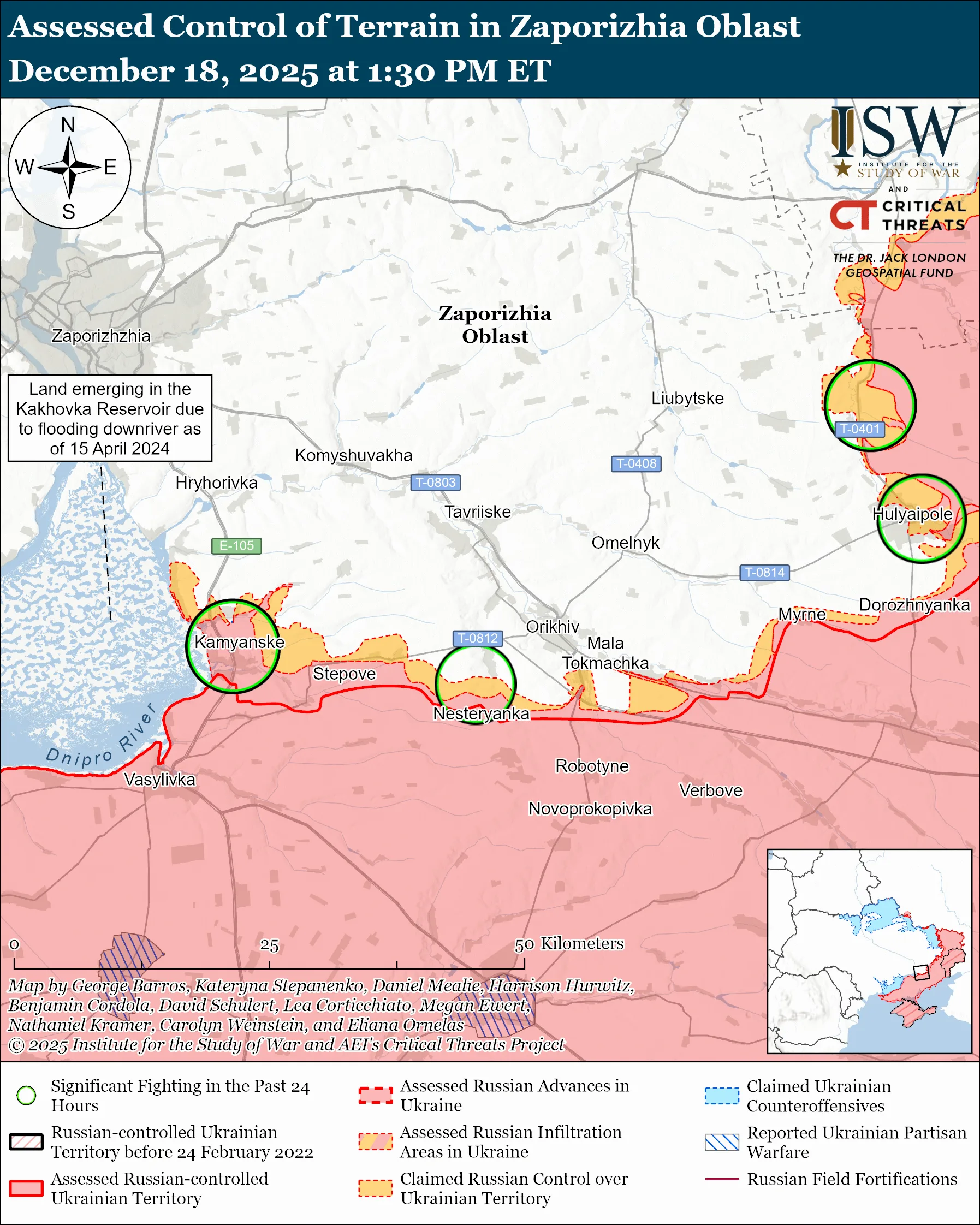 Assessed Control of Terrain in Zaporizhia Oblast, December 18, 2025 at 1:30 PM ET