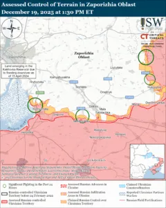 Assessed Control of Terrain in Zaporizhia Oblast, December 19, 2025 at 1:30 PM ET