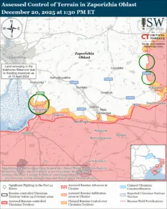 Assessed Control of Terrain in Zaporizhia Oblast, December 20, 2025 at 1:30 PM ET