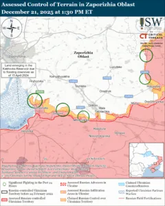 Assessed Control of Terrain in Zaporizhia Oblast, December 21, 2025 at 1:30 PM ET