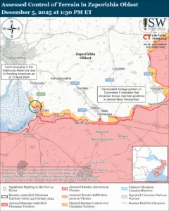 Assessed Control of Terrain in Zaporizhia Oblast, December 5, 2025 at 1:30 PM ET