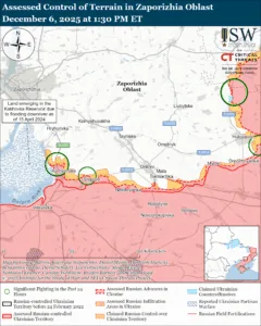 Assessed Control of Terrain in Zaporizhia Oblast, December 6, 2025 at 1:30 PM ET