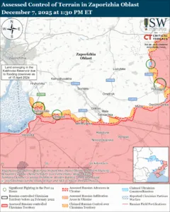 Assessed Control of Terrain in Zaporizhia Oblast, December 7, 2025 at 1:30 PM ET