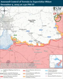 Assessed Control of Terrain in Zaporizhia Oblast, December 9, 2025 at 1:30 PM ET