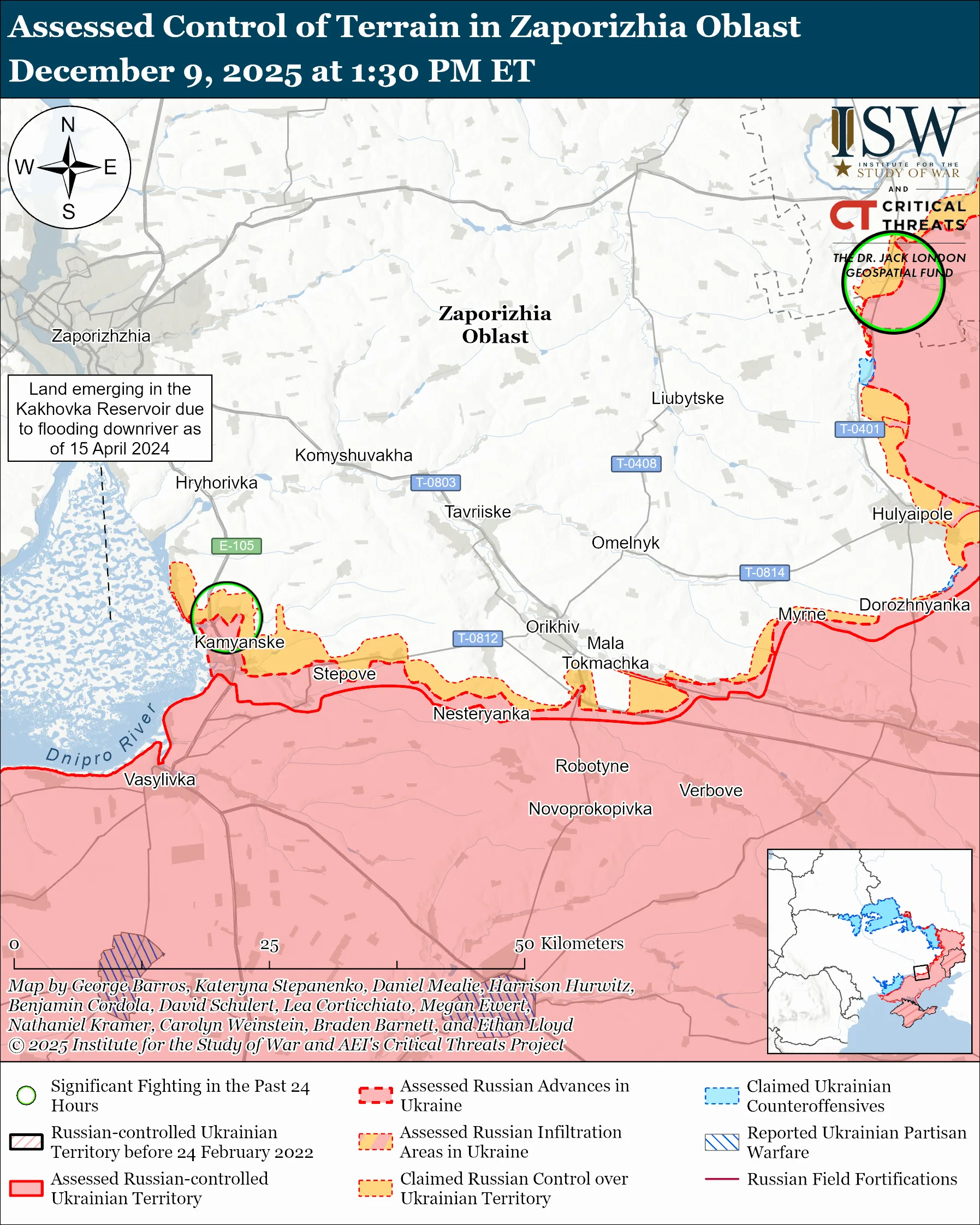 Assessed Control of Terrain in Zaporizhia Oblast, December 9, 2025 at 1:30 PM ET