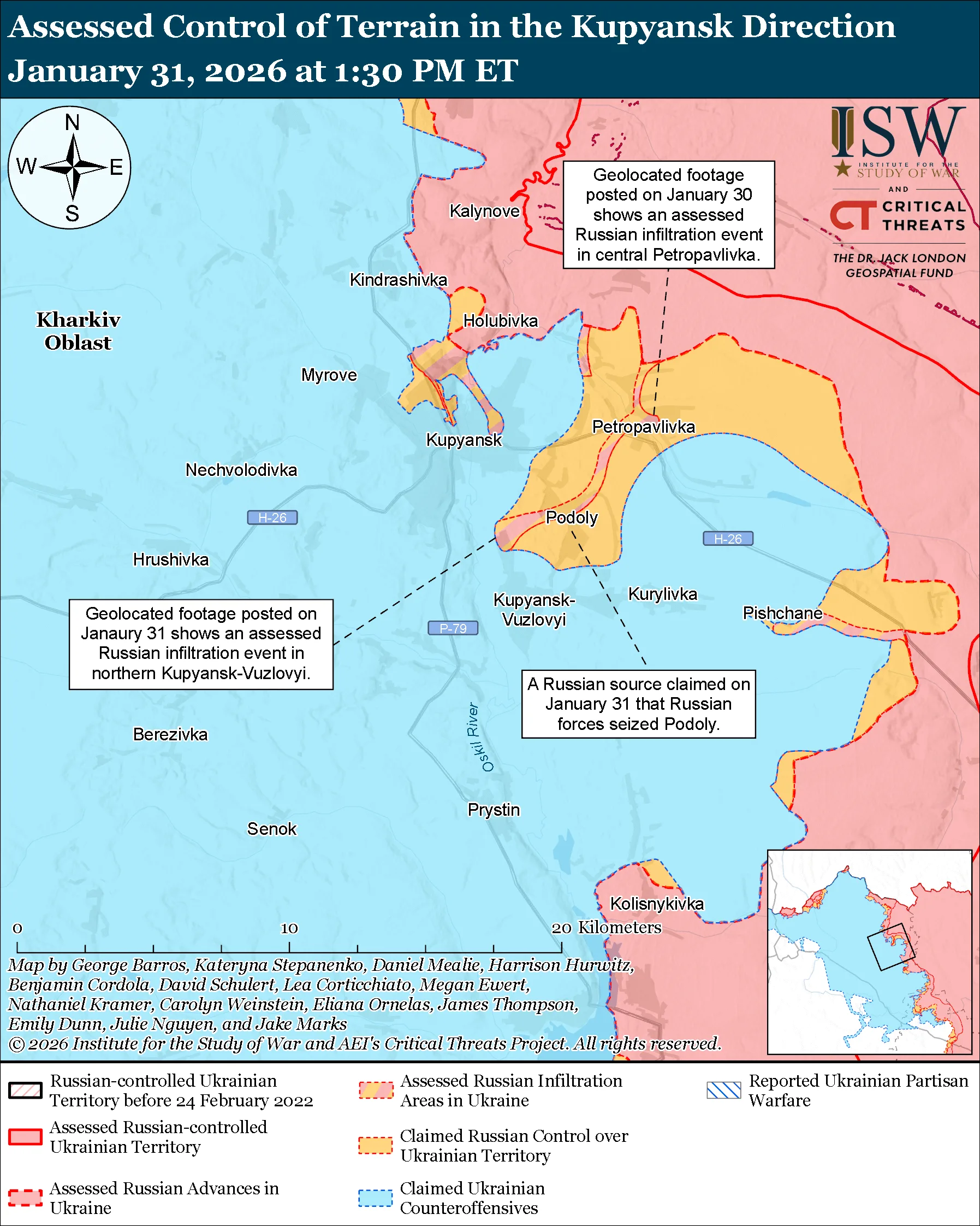 Assessed Control of Terrain in the Kupyansk Direction, January 31, 2026 at 1:30 PM ET