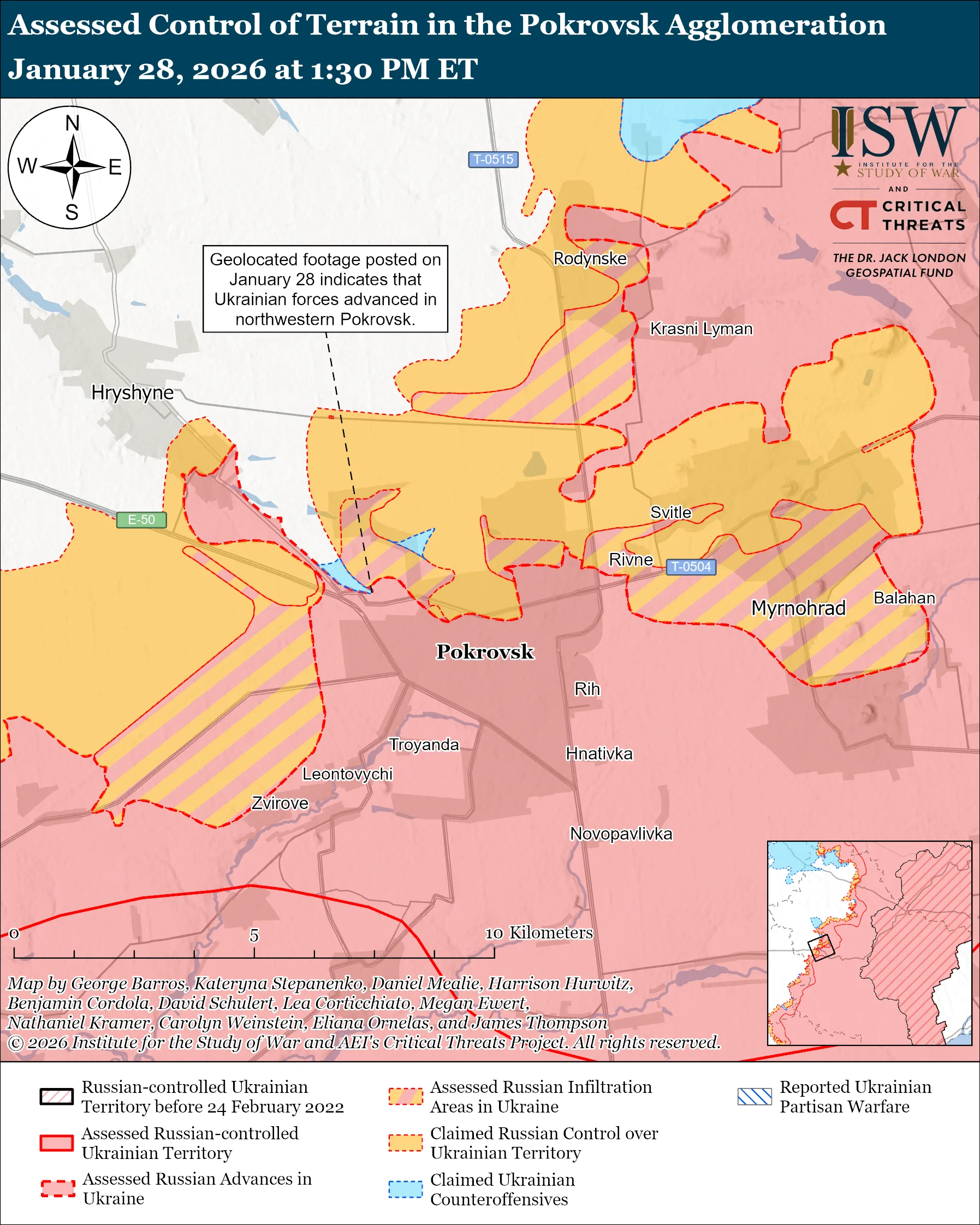 Assessed Control of Terrain in the Pokrovsk Agglomeration, January 28, 2026 at 1:30 PM ET