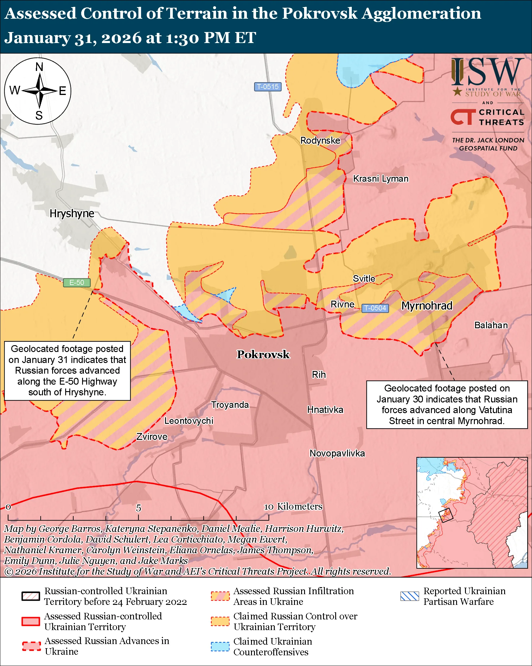 Assessed Control of Terrain in the Pokrovsk Agglomeration, January 31, 2026 at 1:30 PM ET