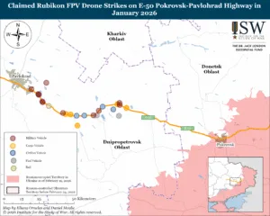 Claimed Rubikon FPV Drone Strikes on E-50 Pokrovsk-Pavlohrad Highway in January 2026