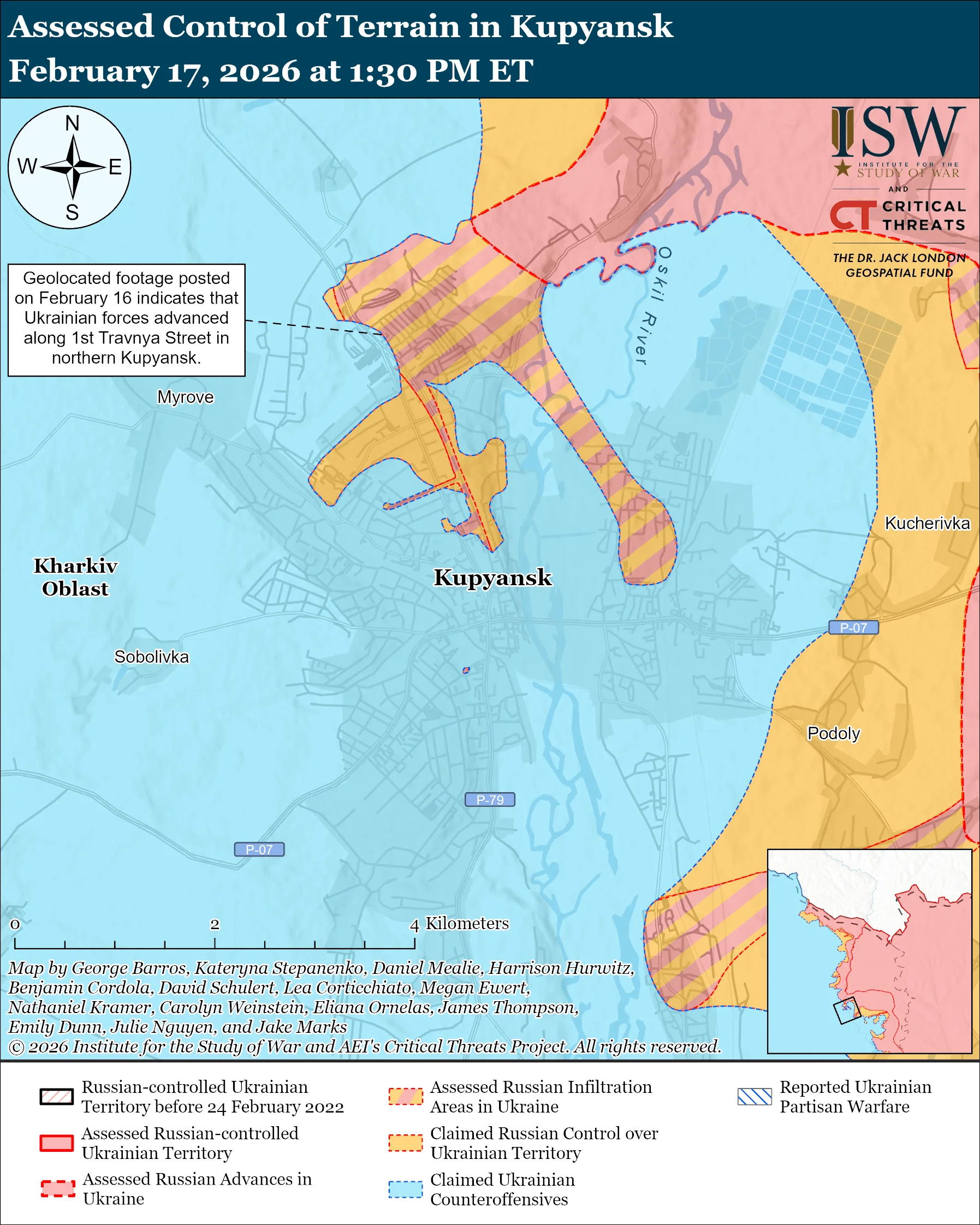 Assessed Control of Terrain in Kupyansk, February 17, 2026 at 1:30 PM ET