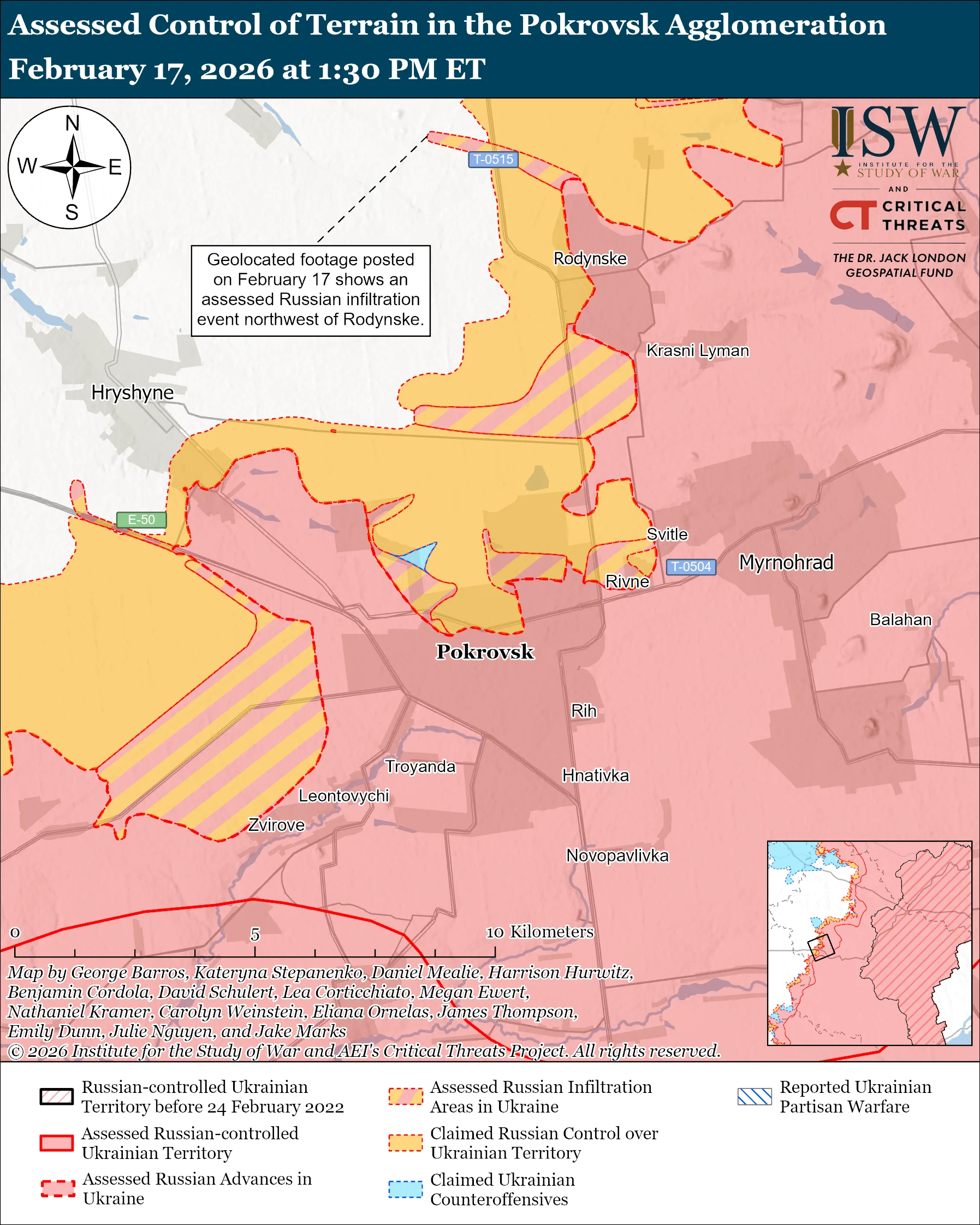 Assessed Control of Terrain in the Pokrovsk Agglomeration, February 17, 2026 at 1:30 PM ET