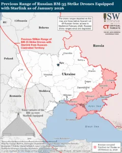 Previous Range of Russian BM-35 Strike Drones Equipped with Starlink as of January 2026