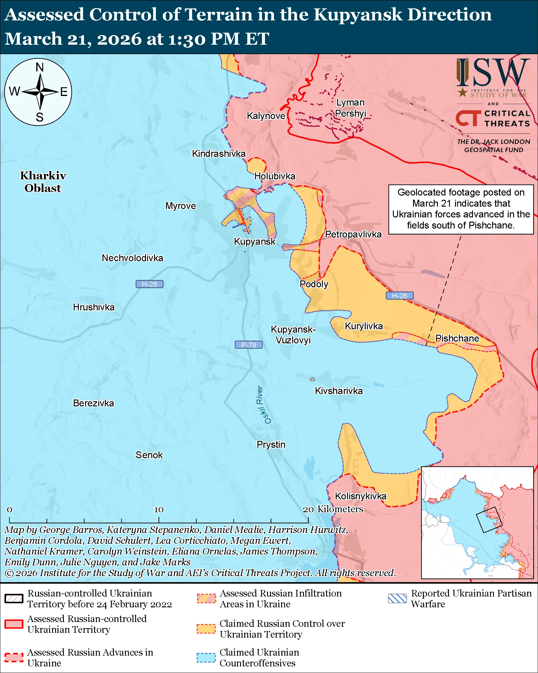 Assessed Control of Terrain in the Kupyansk Direction, March 21, 2026 at 1:30 PM ET