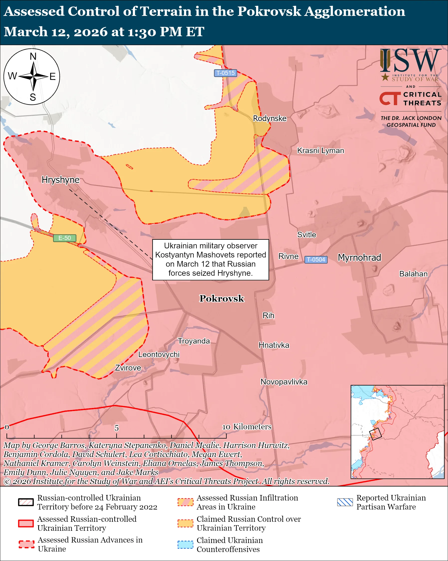 Assessed Control of Terrain in the Pokrovsk Agglomeration, March 12, 2026 at 1:30 PM ET