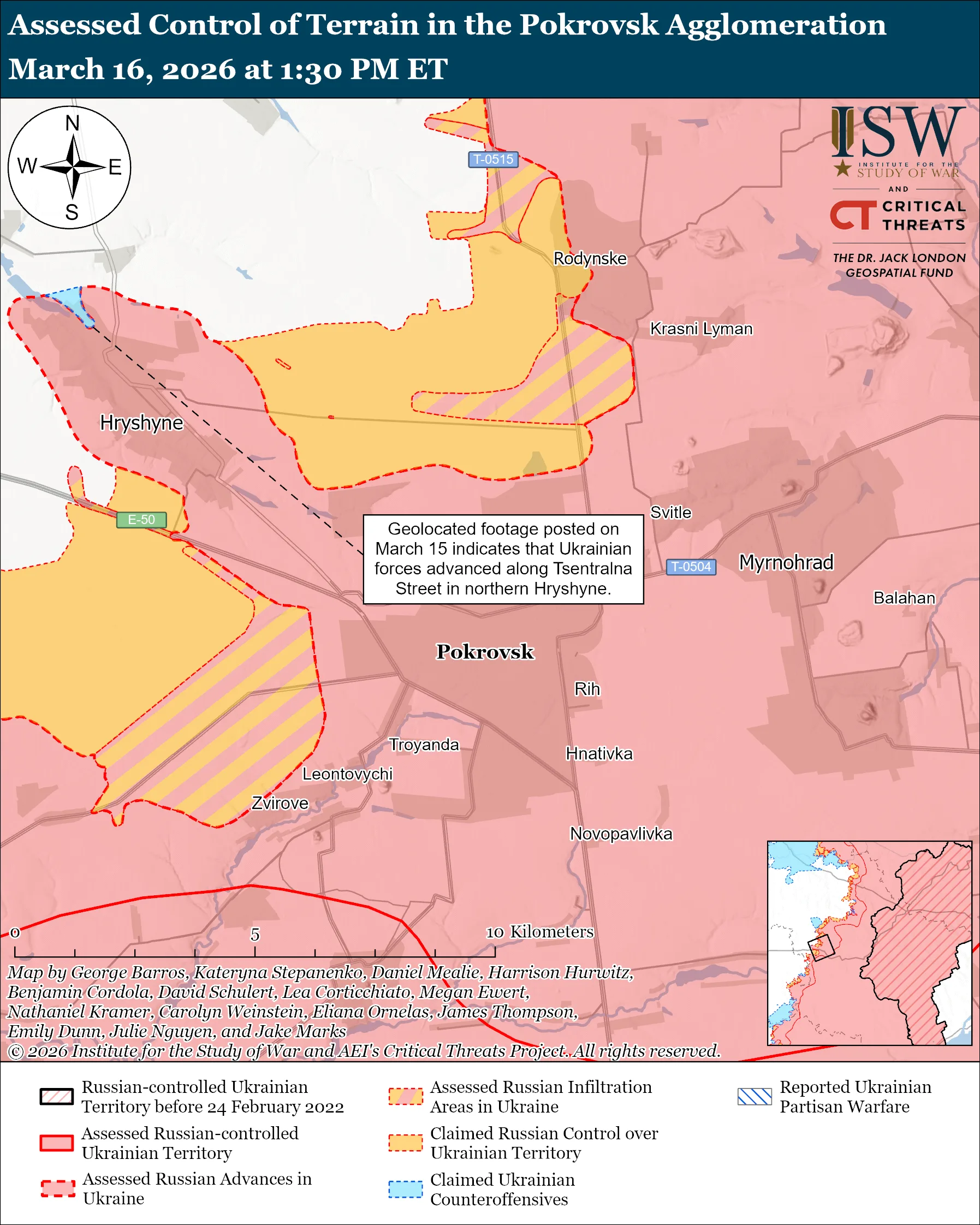 Assessed Control of Terrain in the Pokrovsk Direction, March 16, 2026 at 1:30 PM ET