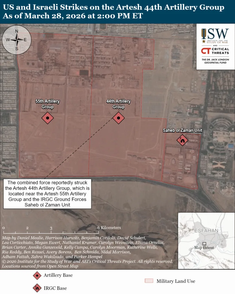 US and Israeli Strikes on the Artesh 44th Artillery Group As of March 28, 2026 at 2:00 PM ET