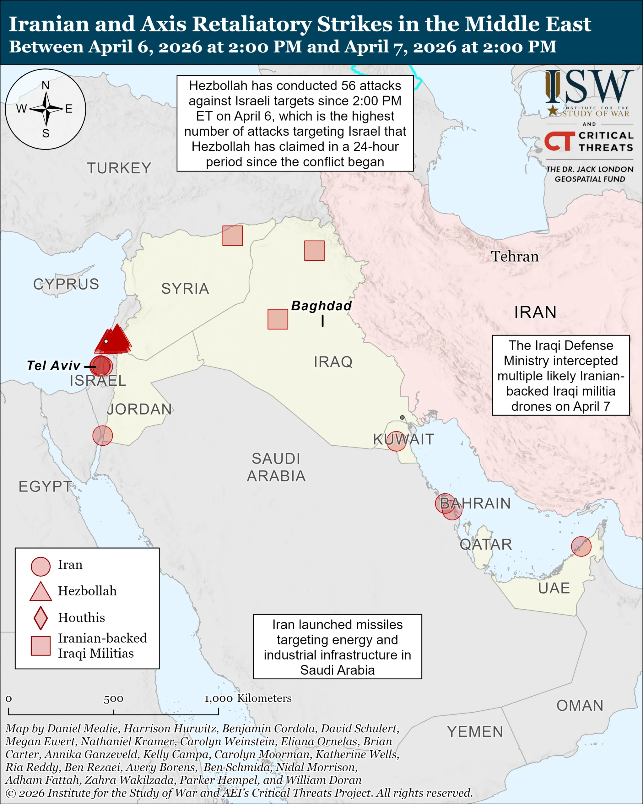 نقشه حملات تلافی‌جویانه ایران و محور مقاومت در خاورمیانه در بازه ۶ تا ۷ آوریل ۲۰۲۶
