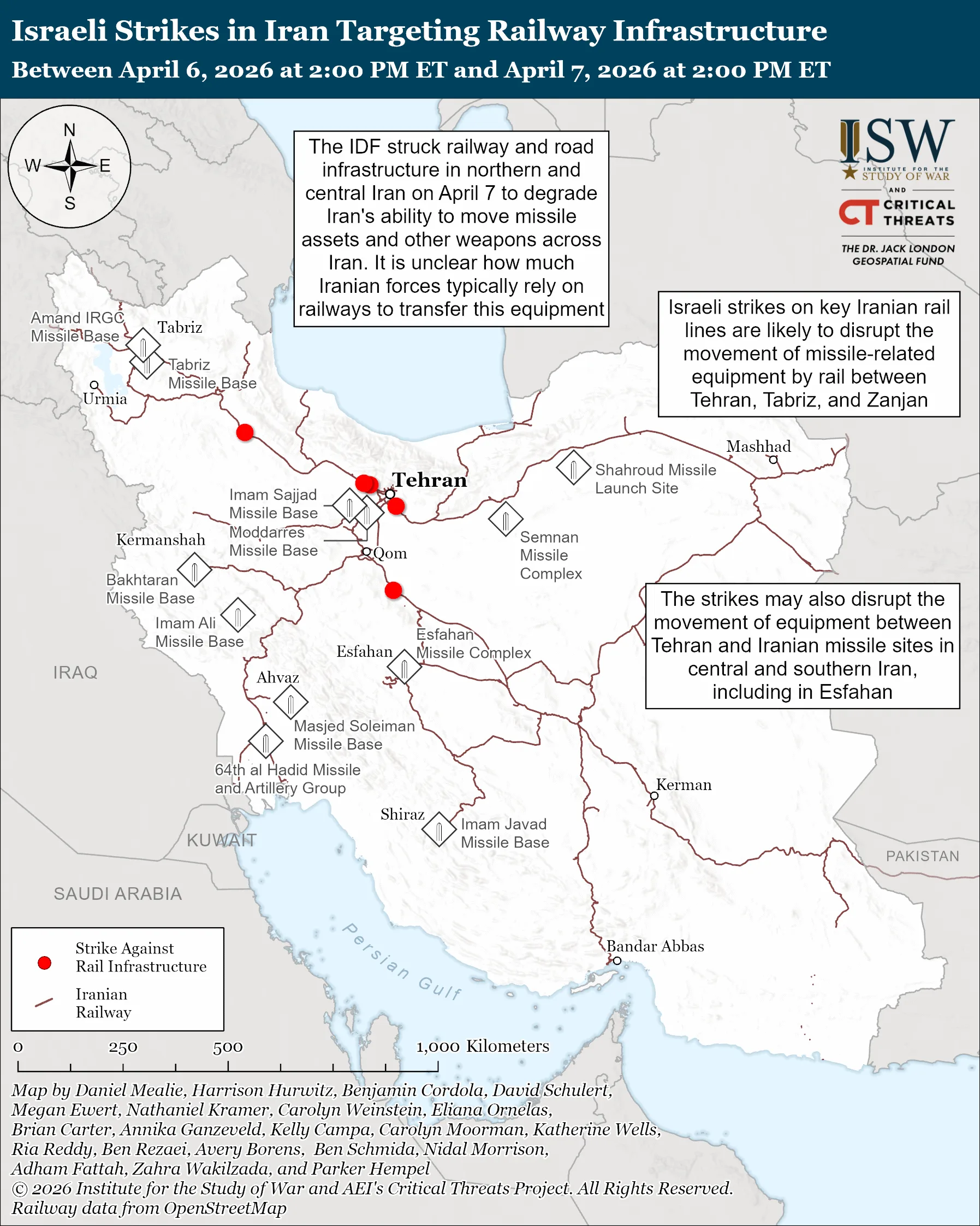 نقشه حملات اسرائیل به زیرساخت ریلی ایران در بازه ۶ تا ۷ آوریل ۲۰۲۶