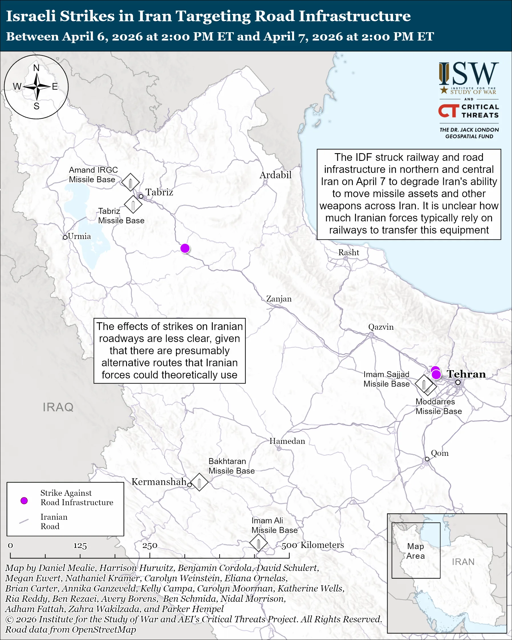 نقشه حملات اسرائیل به زیرساخت جاده‌ای ایران در بازه ۶ تا ۷ آوریل ۲۰۲۶