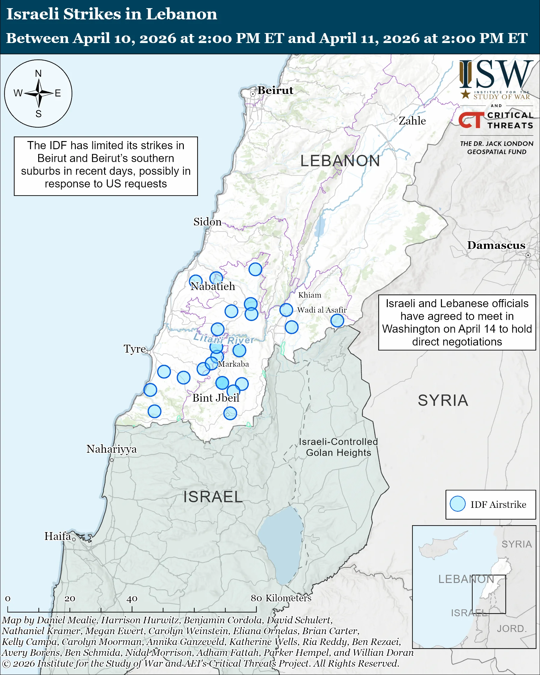 نقشه حملات اسرائیل در لبنان بین ۱۰ تا ۱۱ آوریل ۲۰۲۶