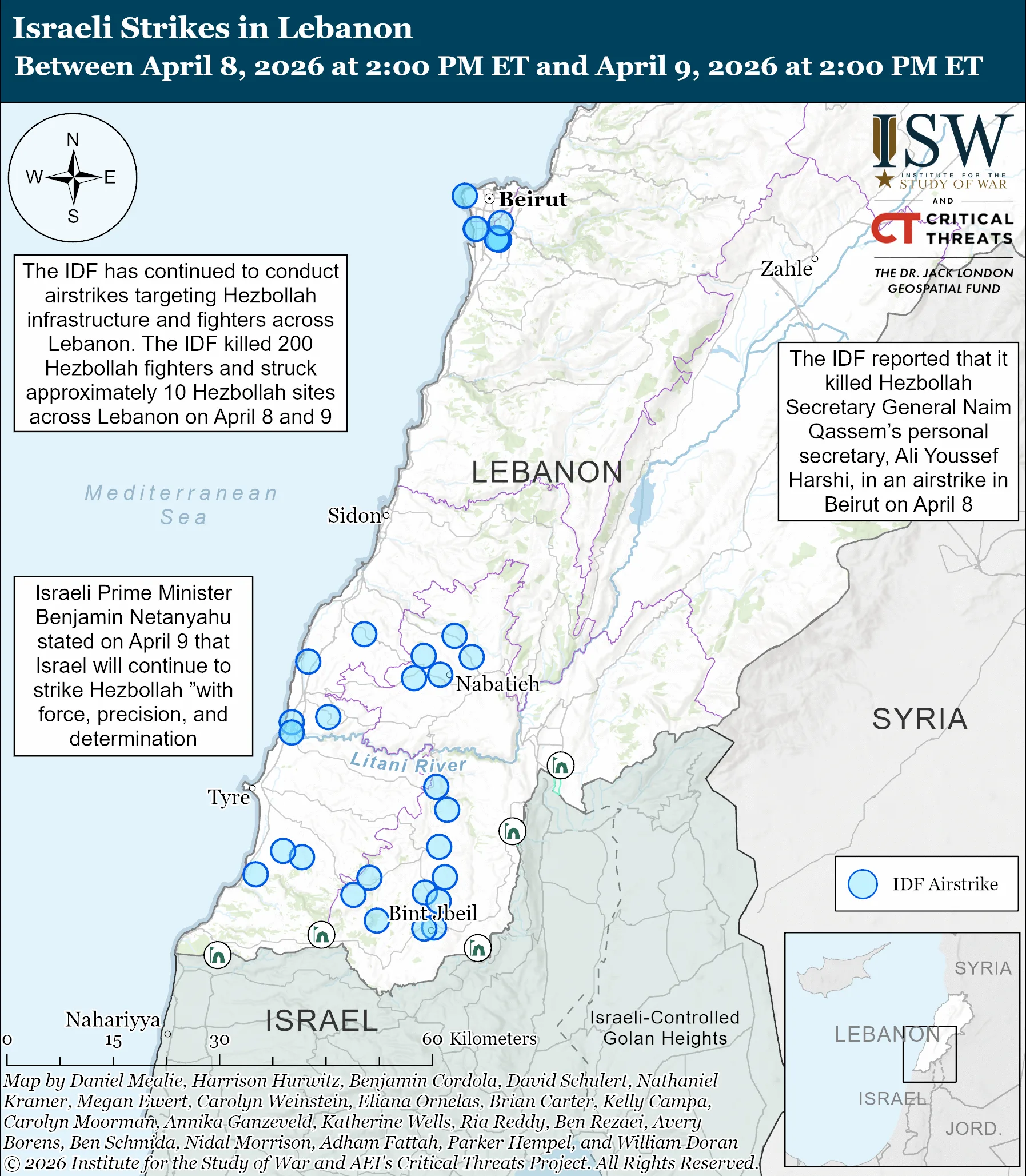 نقشه حملات اسرائیل در لبنان بین ۸ تا ۹ آوریل ۲۰۲۶