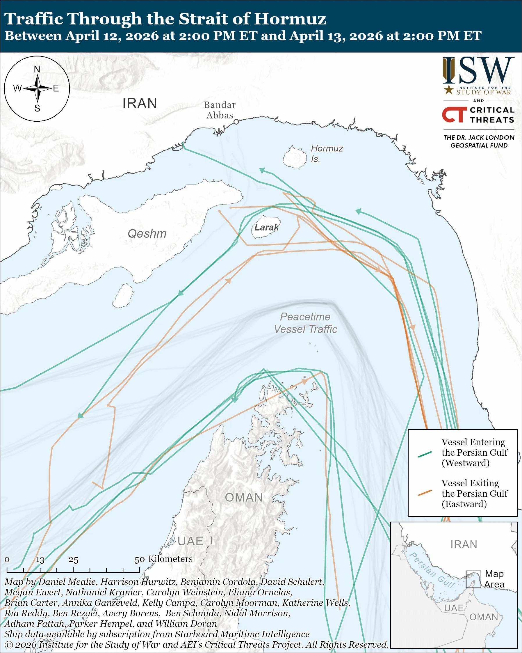 نقشه تردد کشتی‌ها در تنگه هرمز بین ۱۲ و ۱۳ آوریل ۲۰۲۶