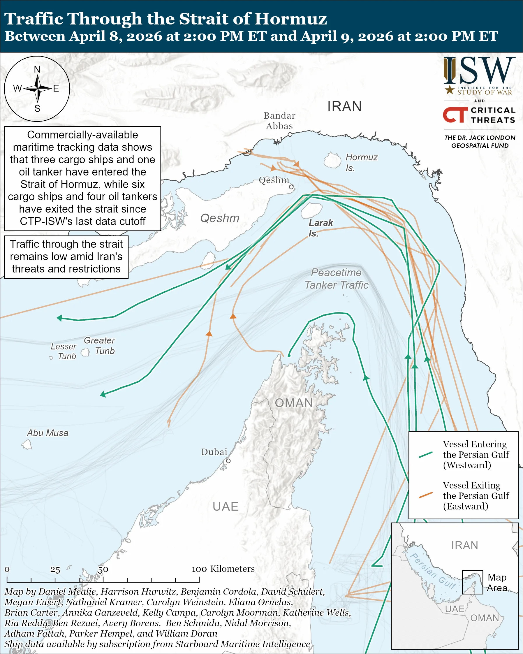 نقشه تردد کشتی‌ها در تنگه هرمز بین ۸ تا ۹ آوریل ۲۰۲۶