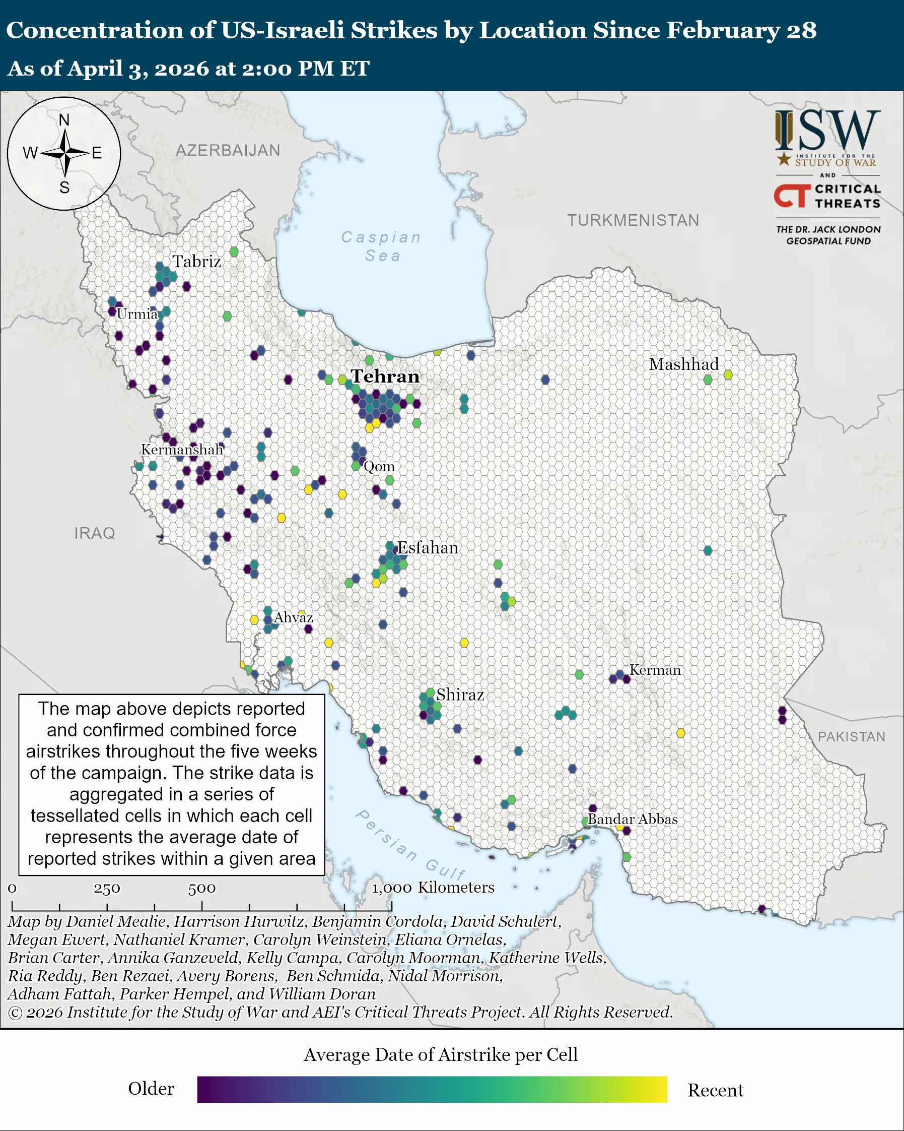 نقشه تمرکز حملات آمریکا و اسرائیل در ایران تا ۳ آوریل ۲۰۲۶