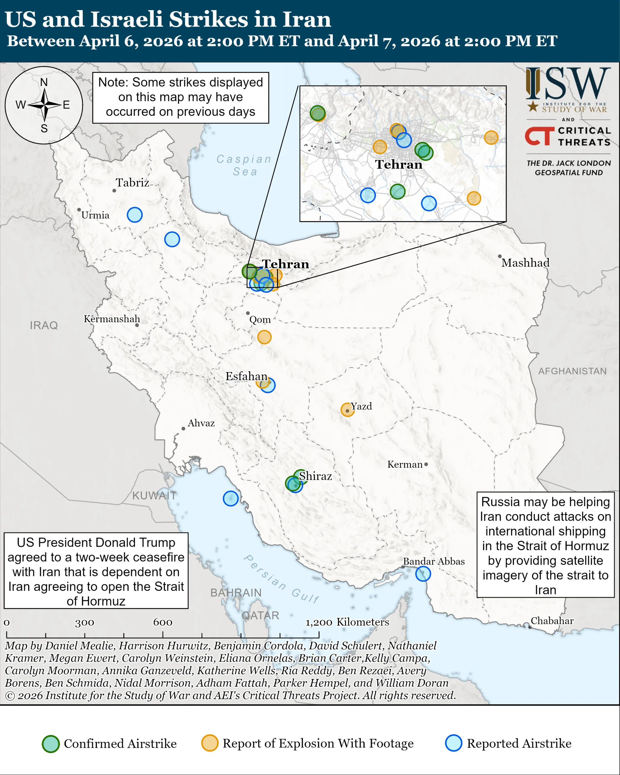 نقشه حملات آمریکا و اسرائیل در ایران در بازه ۶ تا ۷ آوریل ۲۰۲۶