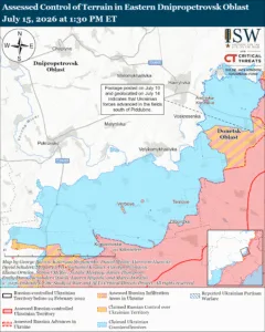 Assessed Control of Terrain in Eastern Dnipropetrovsk Oblast, July 15, 2026 at 1:30 PM ET