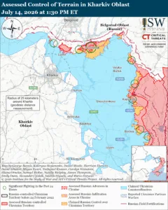 Assessed Control of Terrain in Kharkiv Oblast, July 14, 2026 at 1:30 PM ET