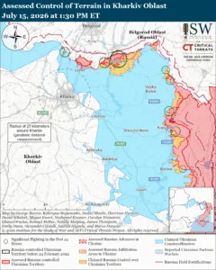 Assessed Control of Terrain in Kharkiv Oblast, July 15, 2026 at 1:30 PM ET