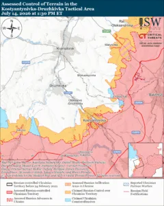 Assessed Control of Terrain in the Kostyantynivka-Druzhkivka Tactical Area, July 14, 2026 at 1:30 PM ET