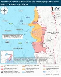 Assessed Control of Terrain in the Krasnopillya Direction, July 14, 2026 at 1:30 PM ET