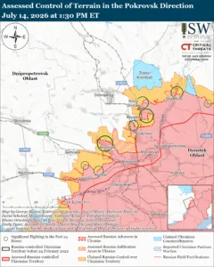Assessed Control of Terrain in the Pokrovsk Direction, July 14, 2026 at 1:30 PM ET