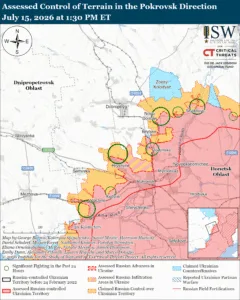 Assessed Control of Terrain in the Pokrovsk Direction, July 15, 2026 at 1:30 PM ET