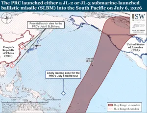 The PRC launched either a JL-2 or JL-3 submarine-launched ballistic missile (SLBM) into the South Pacific on July 6, 2026