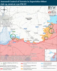 Assessed Control of Terrain in Zaporizhia Oblast, July 14, 2026 at 1:30 PM ET